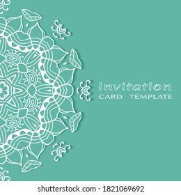 Invitation or Card template with lacе frame border, doodle line pattern, mandala element. Decorative openwork filigree art background for Wedding, Valentine's day greeting card, Birthday Invitation