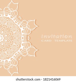Invitation or Card template with lacе frame border, doodle line pattern, mandala element. Decorative openwork filigree art background for Wedding, Valentine's day greeting card, Birthday Invitation