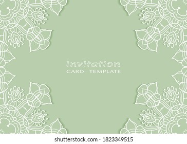 Plantilla de invitación o tarjeta con borde de marco е lacado, patrón de línea de doodle, elemento mandala. Fondo decorativo de arte de fibra de trabajo abierto para boda, tarjeta de saludo de San Valentín, invitación de cumpleaños