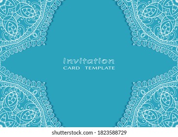 Invitation or Card template with lacе frame border, doodle line pattern, mandala element. Decorative openwork filigree art background for Wedding, Valentine's day greeting card, Birthday Invitation