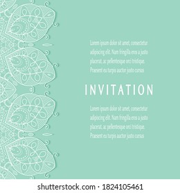 Invitation or Card template with lacе frame border, doodle line pattern, mandala element. Decorative openwork filigree art background for Wedding, Valentine's day greeting card, Birthday Invitation