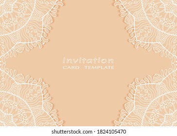 Plantilla de invitación o tarjeta con borde de marco е lacado, patrón de línea de doodle, elemento mandala. Fondo decorativo de arte de fibra de trabajo abierto para boda, tarjeta de saludo de San Valentín, invitación de cumpleaños