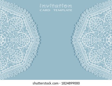 Invitation or Card template with lacе frame border, doodle line pattern, mandala element. Decorative openwork filigree art background for Wedding, Valentine's day greeting card, Birthday Invitation