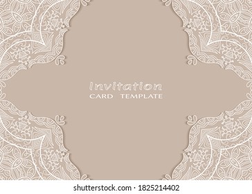 Invitation or Card template with lacе frame border, doodle line pattern, mandala element. Decorative openwork filigree art background for Wedding, Valentine's day greeting card, Birthday Invitation