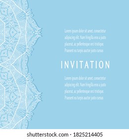 Invitation or Card template with lacе frame border, doodle line pattern, mandala element. Decorative openwork filigree art background for Wedding, Valentine's day greeting card, Birthday Invitation
