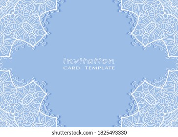 Plantilla de invitación o tarjeta con borde de marco е lacado, patrón de línea de doodle, elemento mandala. Fondo decorativo de arte de fibra de trabajo abierto para boda, tarjeta de saludo de San Valentín, invitación de cumpleaños
