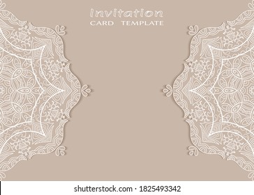Invitation or Card template with lacе frame border, doodle line pattern, mandala element. Decorative openwork filigree art background for Wedding, Valentine's day greeting card, Birthday Invitation
