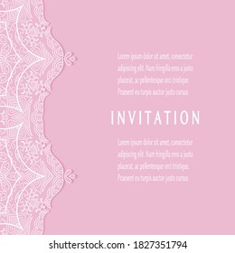 Invitation or Card template with lacе frame border, doodle line pattern, mandala element. Decorative openwork filigree art background for Wedding, Valentine's day greeting card, Birthday Invitation