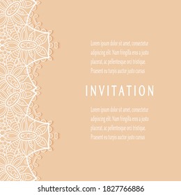 Invitation or Card template with lacе frame border, doodle line pattern, mandala element. Decorative openwork filigree art background for Wedding, Valentine's day greeting card, Birthday Invitation