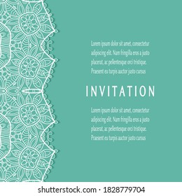 Invitation or Card template with lacе frame border, doodle line pattern, mandala element. Decorative openwork filigree art background for Wedding, Valentine's day greeting card, Birthday Invitation