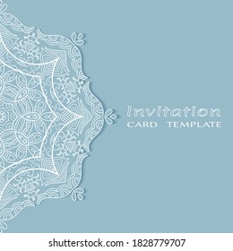 Invitation or Card template with lacе frame border, doodle line pattern, mandala element. Decorative openwork filigree art background for Wedding, Valentine's day greeting card, Birthday Invitation