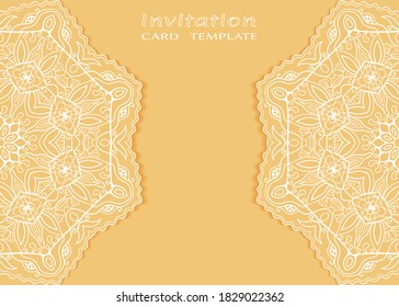 Invitation or Card template with lacе frame border, doodle line pattern, mandala element. Decorative openwork filigree art background for Wedding, Valentine's day greeting card, Birthday Invitation