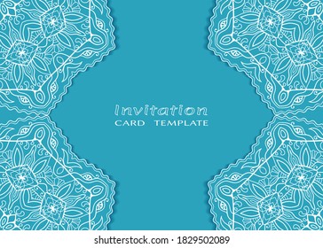 Invitation or Card template with lacе frame border, doodle line pattern, mandala element. Decorative openwork filigree art background for Wedding, Valentine's day greeting card, Birthday Invitation