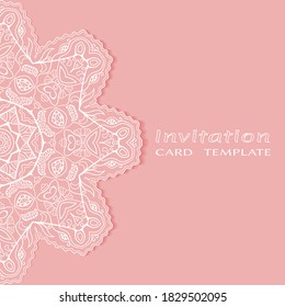 Plantilla de invitación o tarjeta con borde de marco е lacado, patrón de línea de doodle, elemento mandala. Fondo decorativo de arte de fibra de trabajo abierto para boda, tarjeta de saludo de San Valentín, invitación de cumpleaños