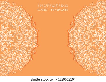 Invitation or Card template with lacе frame border, doodle line pattern, mandala element. Decorative openwork filigree art background for Wedding, Valentine's day greeting card, Birthday Invitation