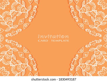 Plantilla de invitación o tarjeta con borde de marco е lacado, patrón de línea de doodle, elemento mandala. Fondo decorativo de arte de fibra de trabajo abierto para boda, tarjeta de saludo de San Valentín, invitación de cumpleaños