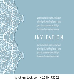 Invitation or Card template with lacе frame border, doodle line pattern, mandala element. Decorative openwork filigree art background for Wedding, Valentine's day greeting card, Birthday Invitation