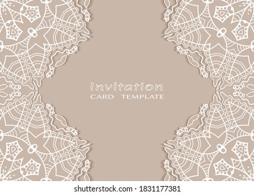 Invitation or Card template with lacе frame border, doodle line pattern, mandala element. Decorative openwork filigree art background for Wedding, Valentine's day greeting card, Birthday Invitation
