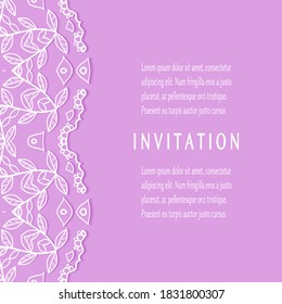 Invitation or Card template with lacе frame border, doodle line pattern, mandala element. Decorative openwork filigree art background for Wedding, Valentine's day greeting card, Birthday Invitation
