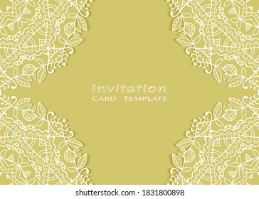Invitation or Card template with lacе frame border, doodle line pattern, mandala element. Decorative openwork filigree art background for Wedding, Valentine's day greeting card, Birthday Invitation