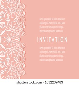 Invitation or Card template with lacе frame border, doodle line pattern, mandala element. Decorative openwork filigree art background for Wedding, Valentine's day greeting card, Birthday Invitation