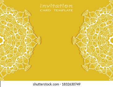 Plantilla de invitación o tarjeta con borde de marco е lacado, patrón de línea de doodle, elemento mandala. Fondo decorativo de arte de fibra de trabajo abierto para boda, tarjeta de saludo de San Valentín, invitación de cumpleaños