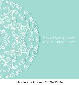 Invitation or Card template with lacе frame border, doodle line pattern, mandala element. Decorative openwork filigree art background for Wedding, Valentine's day greeting card, Birthday Invitation