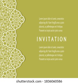 Invitation or Card template with lacе frame border, doodle line pattern, mandala element. Decorative openwork filigree art background for Wedding, Valentine's day greeting card, Birthday Invitation