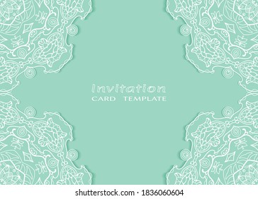 Invitation or Card template with lacе frame border, doodle line pattern, mandala element. Decorative openwork filigree art background for Wedding, Valentine's day greeting card, Birthday Invitation