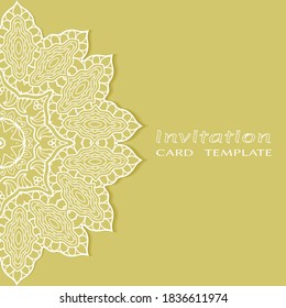 Invitation or Card template with lacе frame border, doodle line pattern, mandala element. Decorative openwork filigree art background for Wedding, Valentine's day greeting card, Birthday Invitation