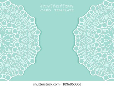 Invitation or Card template with lacе frame border, doodle line pattern, mandala element. Decorative openwork filigree art background for Wedding, Valentine's day greeting card, Birthday Invitation