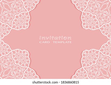 Plantilla de invitación o tarjeta con borde de marco е lacado, patrón de línea de doodle, elemento mandala. Fondo decorativo de arte de fibra de trabajo abierto para boda, tarjeta de saludo de San Valentín, invitación de cumpleaños