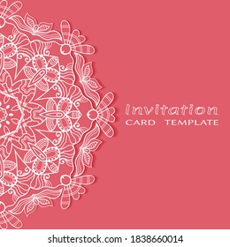 Invitation or Card template with lacе frame border, doodle line pattern, mandala element. Decorative openwork filigree art background for Wedding, Valentine's day greeting card, Birthday Invitation