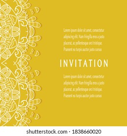 Invitation or Card template with lacе frame border, doodle line pattern, mandala element. Decorative openwork filigree art background for Wedding, Valentine's day greeting card, Birthday Invitation