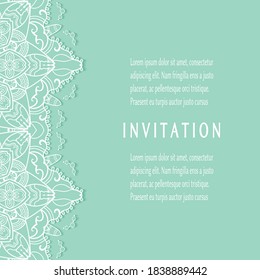 Invitation or Card template with lacе frame border, doodle line pattern, mandala element. Decorative openwork filigree art background for Wedding, Valentine's day greeting card, Birthday Invitation