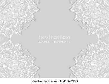 Invitation or Card template with lacе frame border, doodle line pattern, mandala element. Decorative openwork filigree art background for Wedding, Valentine's day greeting card, Birthday Invitation