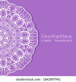 Invitation or Card template with lacе frame border, doodle line pattern, mandala element. Decorative openwork filigree art background for Wedding, Valentine's day greeting card, Birthday Invitation