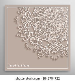 Invitation or Card template with lacе frame border, doodle line pattern, mandala element. Decorative openwork filigree art background for Wedding, Valentine's day greeting card, Birthday Invitation