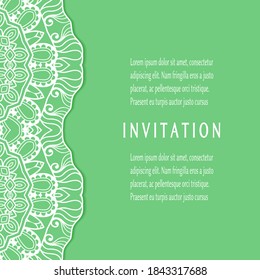 Invitation or Card template with lacе frame border, doodle line pattern, mandala element. Decorative openwork filigree art background for Wedding, Valentine's day greeting card, Birthday Invitation