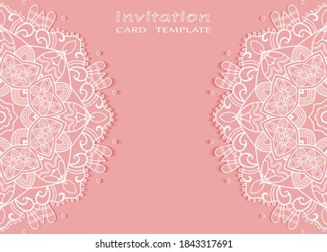 Einladung oder Kartenvorlage mit е Rahmenrahmen, doodle Linie Muster, mandala Element. Dekorative offene Arbeit figree Kunsthintergrund für Hochzeit, Valentinstag-Grußkarte, Geburtstagseinladung