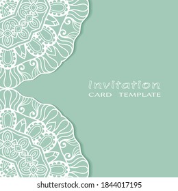 Invitation or Card template with lacе frame border, doodle line pattern, mandala element. Decorative openwork filigree art background for Wedding, Valentine's day greeting card, Birthday Invitation