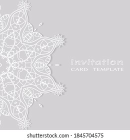 Invitation or Card template with lacе frame border, doodle line pattern, mandala element. Decorative openwork filigree art background for Wedding, Valentine's day greeting card, Birthday Invitation
