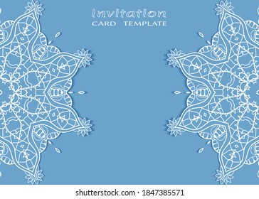 Invitation or Card template with lacе frame border, doodle line pattern, mandala element. Decorative openwork filigree art background for Wedding, Valentine's day greeting card, Birthday Invitation