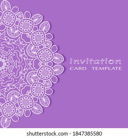 Invitation or Card template with lacе frame border, doodle line pattern, mandala element. Decorative openwork filigree art background for Wedding, Valentine's day greeting card, Birthday Invitation