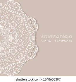 Invitation or Card template with lacе frame border, doodle line pattern, mandala element. Decorative openwork filigree art background for Wedding, Valentine's day greeting card, Birthday Invitation