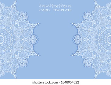 Invitation or Card template with lacе frame border, doodle line pattern, mandala element. Decorative openwork filigree art background for Wedding, Valentine's day greeting card, Birthday Invitation