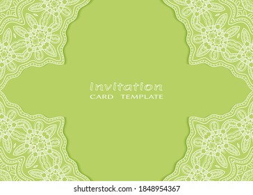 Invitation or Card template with lacе frame border, doodle line pattern, mandala element. Decorative openwork filigree art background for Wedding, Valentine's day greeting card, Birthday Invitation