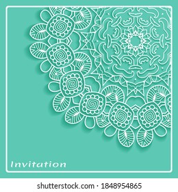 Plantilla de invitación o tarjeta con borde de marco е lacado, patrón de línea de doodle, elemento mandala. Fondo decorativo de arte de fibra de trabajo abierto para boda, tarjeta de saludo de San Valentín, invitación de cumpleaños