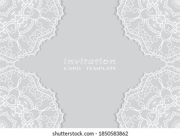 Invitation or Card template with lacе frame border, doodle line pattern, mandala element. Decorative openwork filigree art background for Wedding, Valentine's day greeting card, Birthday Invitation