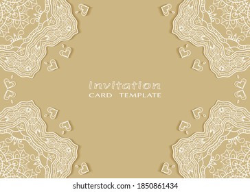 Invitation or Card template with lacе frame border, doodle line pattern, mandala element. Decorative openwork filigree art background for Wedding, Valentine's day greeting card, Birthday Invitation